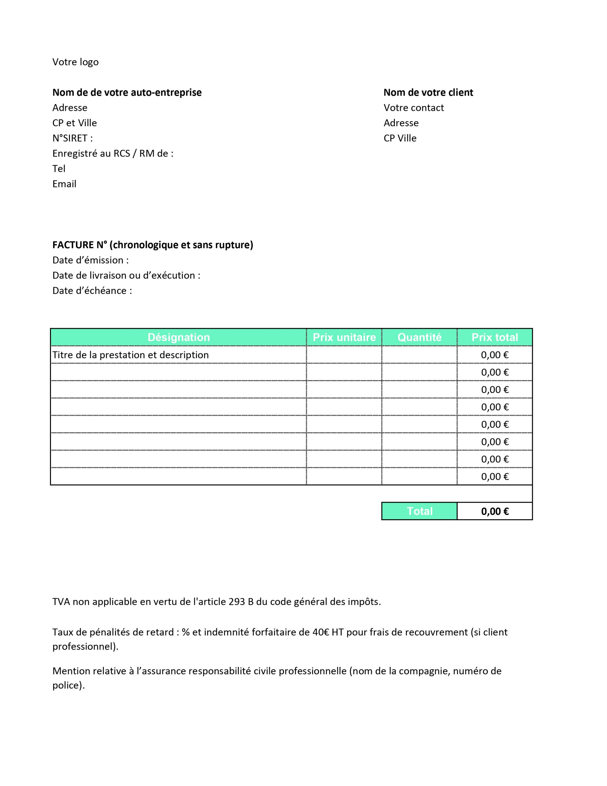 Template Facture Auto-entrepreneur Sans TVA A4 en Français 